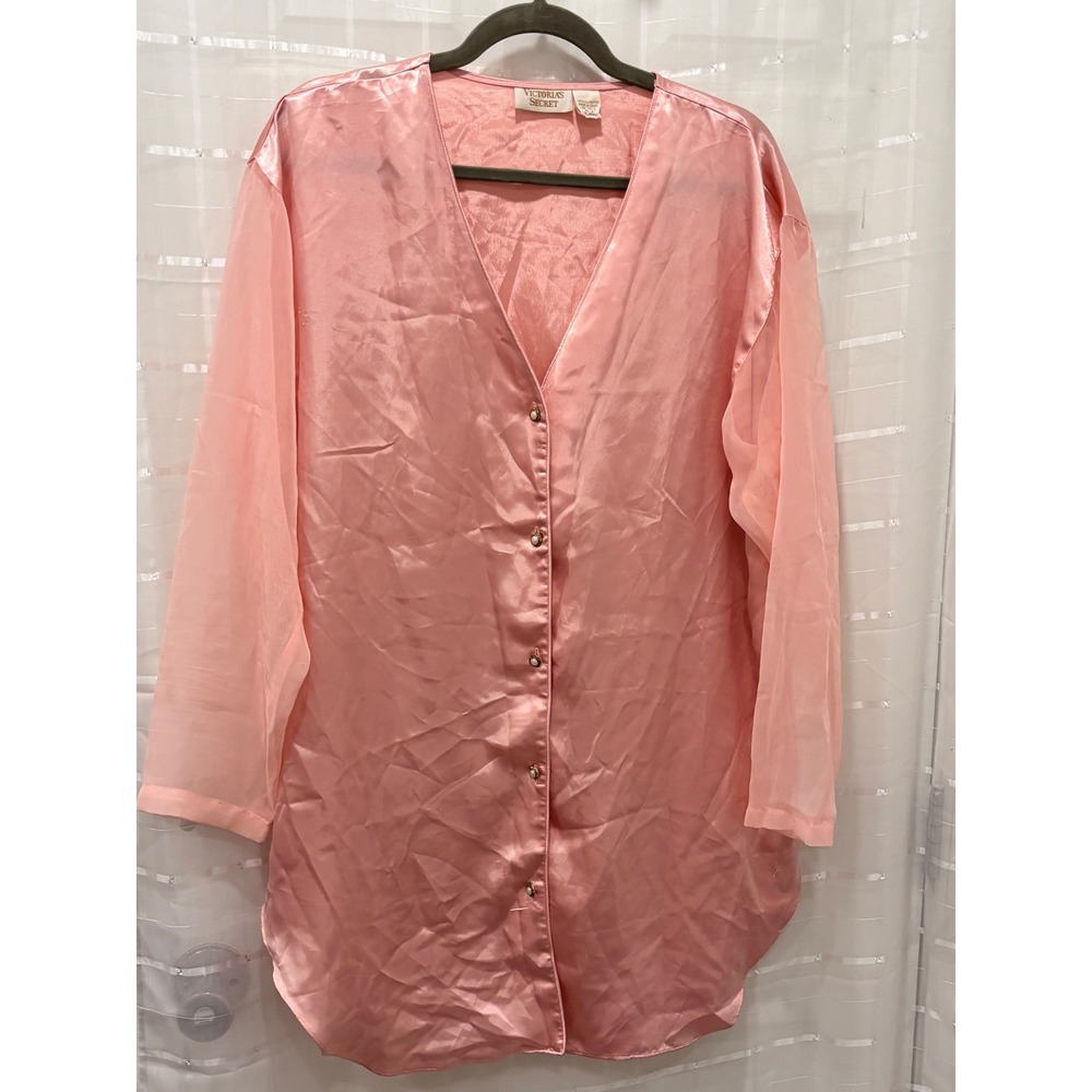 Victoria's Secret Vintage Gold Label Pink Satin Sheer Sleeve Sleep Shirt M/L